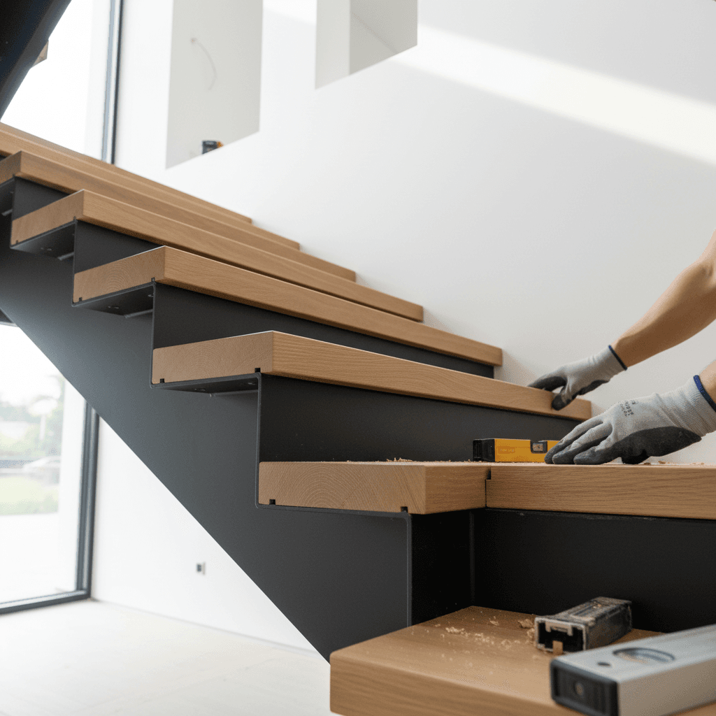 Custom hardwood staircase installation showing craftsmanship and precise fitting