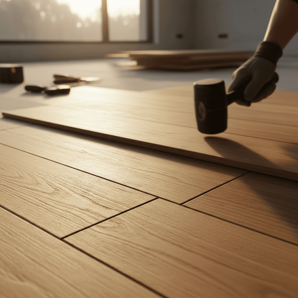 Newly installed hardwood flooring with rich wood grain and even seams
