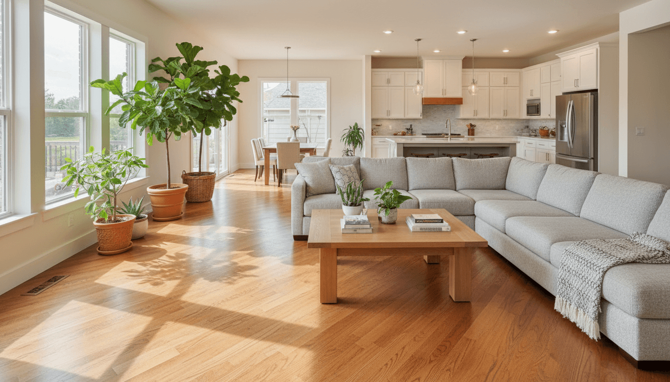 Completed hardwood floor installation in a residential living room with natural lighting